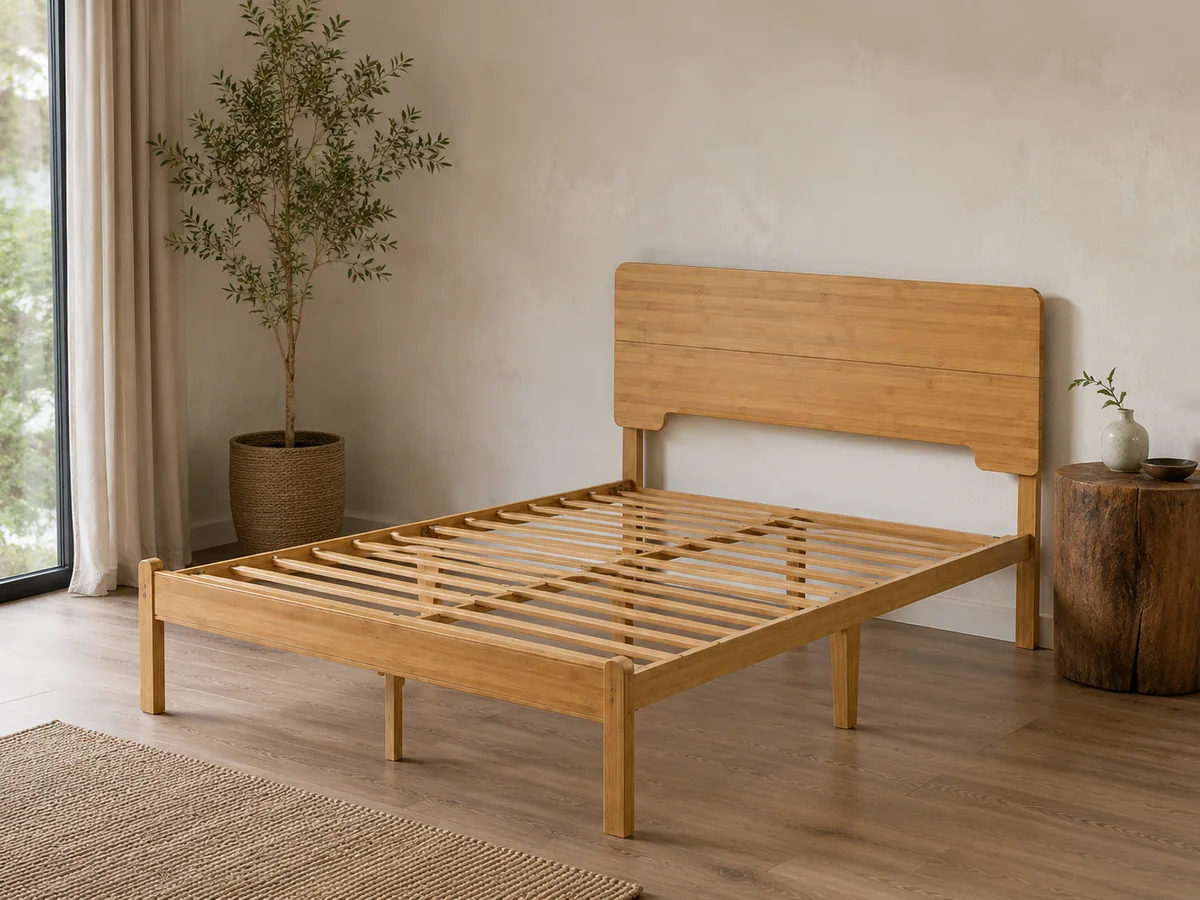 Bamboo bed frame with visible platform slats in a natural-style interior