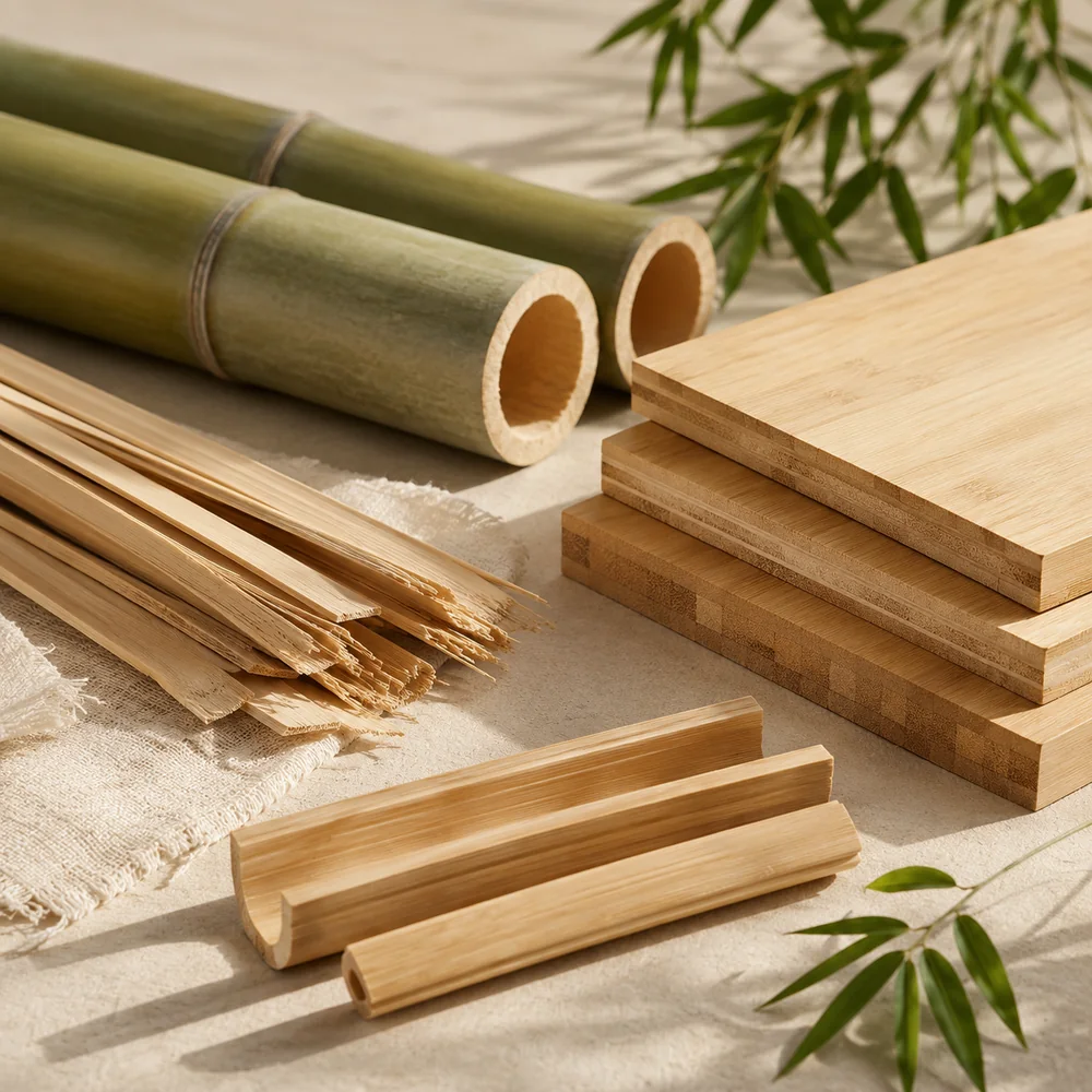 Raw bamboo culms, split bamboo strips and laminated bamboo boards